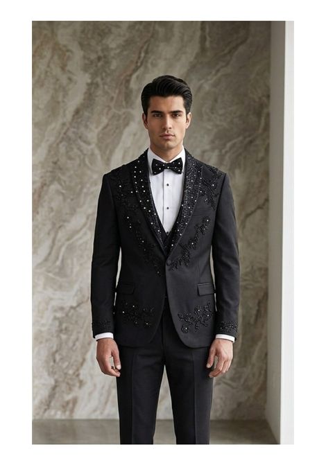 Smoking Uomo Luxury Total Black  Abito da Cerimonia 3 Pezzi con Cristalli, Gilet e Papillon Coordinato RAbin | Abiti | ABITO SWARISKY NERONERO